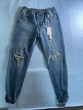 American Bazi Women's Distressed Blue Relaxed Denim Jogger Jeans